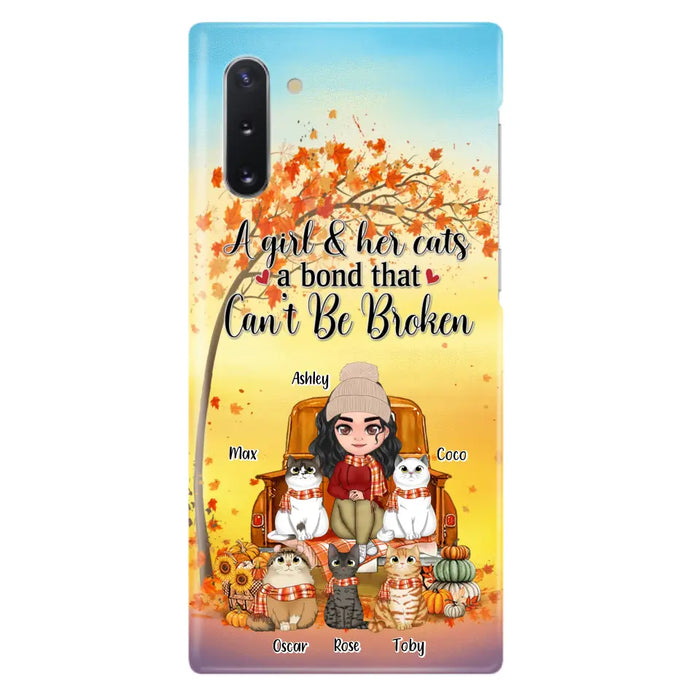 Custom Personalized Cat Mom Fall Season Phone Case - Gift Idea For Cat Owners - Upto 5 Cats -  Case For iPhone/Samsung - A Girl & Her Cats A Bond That Can't Be Broken