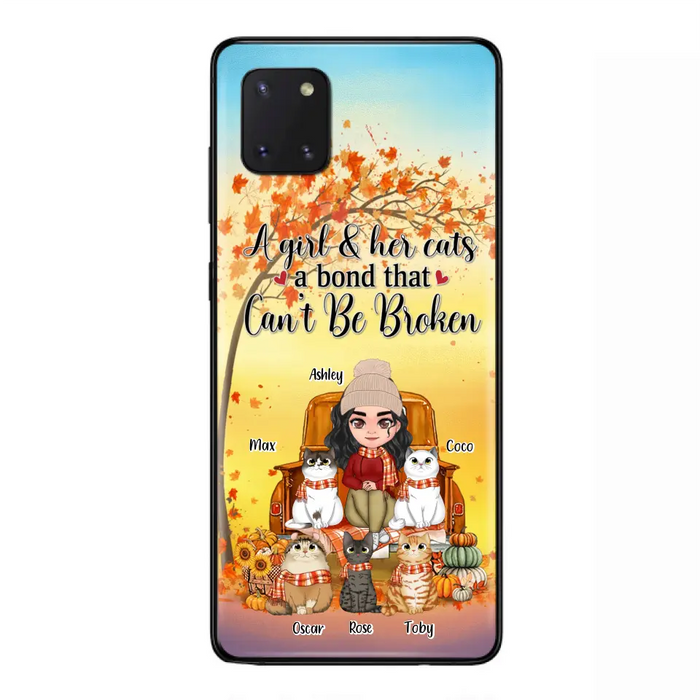 Custom Personalized Cat Mom Fall Season Phone Case - Gift Idea For Cat Owners - Upto 5 Cats -  Case For iPhone/Samsung - A Girl & Her Cats A Bond That Can't Be Broken