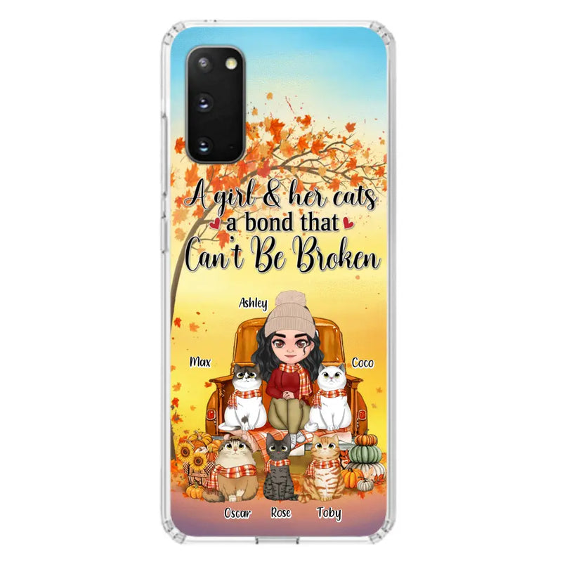 Custom Personalized Cat Mom Fall Season Phone Case - Gift Idea For Cat Owners - Upto 5 Cats -  Case For iPhone/Samsung - A Girl & Her Cats A Bond That Can't Be Broken