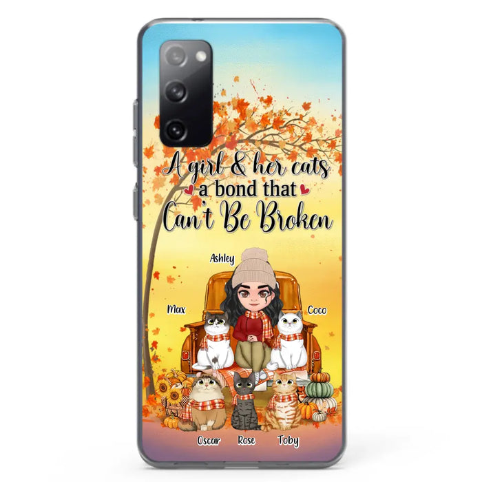 Custom Personalized Cat Mom Fall Season Phone Case - Gift Idea For Cat Owners - Upto 5 Cats -  Case For iPhone/Samsung - A Girl & Her Cats A Bond That Can't Be Broken