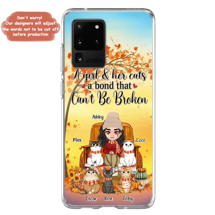 Custom Personalized Cat Mom Fall Season Phone Case - Gift Idea For Cat Owners - Upto 5 Cats -  Case For iPhone/Samsung - A Girl & Her Cats A Bond That Can't Be Broken