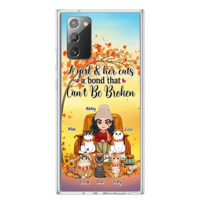 Custom Personalized Cat Mom Fall Season Phone Case - Gift Idea For Cat Owners - Upto 5 Cats -  Case For iPhone/Samsung - A Girl & Her Cats A Bond That Can't Be Broken