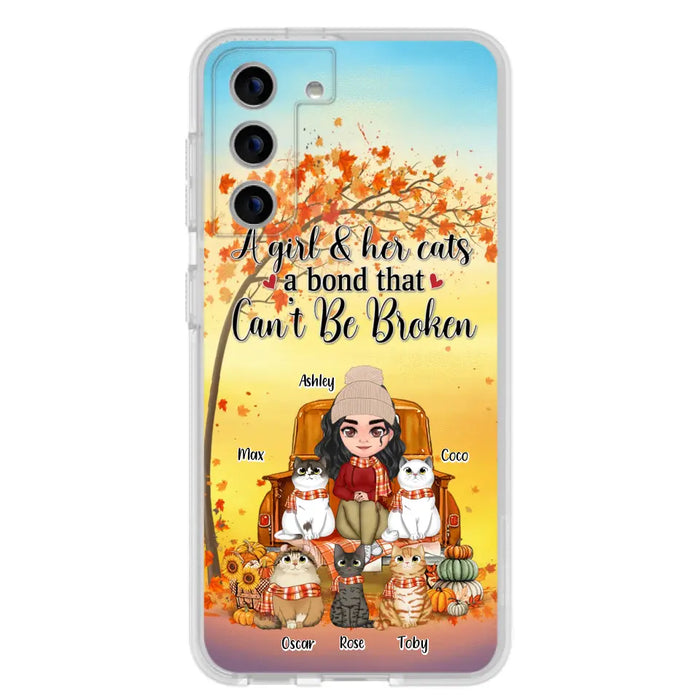 Custom Personalized Cat Mom Fall Season Phone Case - Gift Idea For Cat Owners - Upto 5 Cats -  Case For iPhone/Samsung - A Girl & Her Cats A Bond That Can't Be Broken