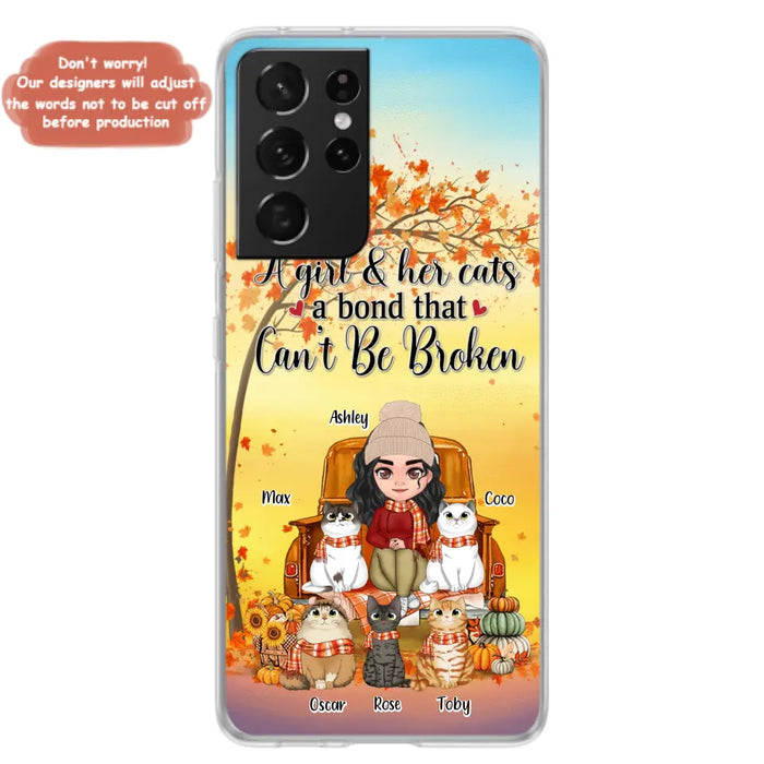 Custom Personalized Cat Mom Fall Season Phone Case - Gift Idea For Cat Owners - Upto 5 Cats -  Case For iPhone/Samsung - A Girl & Her Cats A Bond That Can't Be Broken