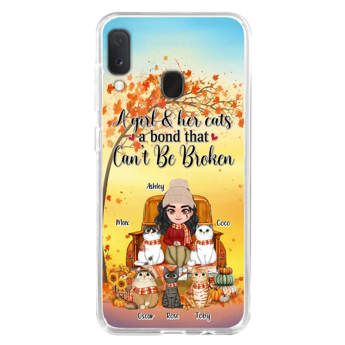 Custom Personalized Cat Mom Fall Season Phone Case - Gift Idea For Cat Owners - Upto 5 Cats -  Case For iPhone/Samsung - A Girl & Her Cats A Bond That Can't Be Broken