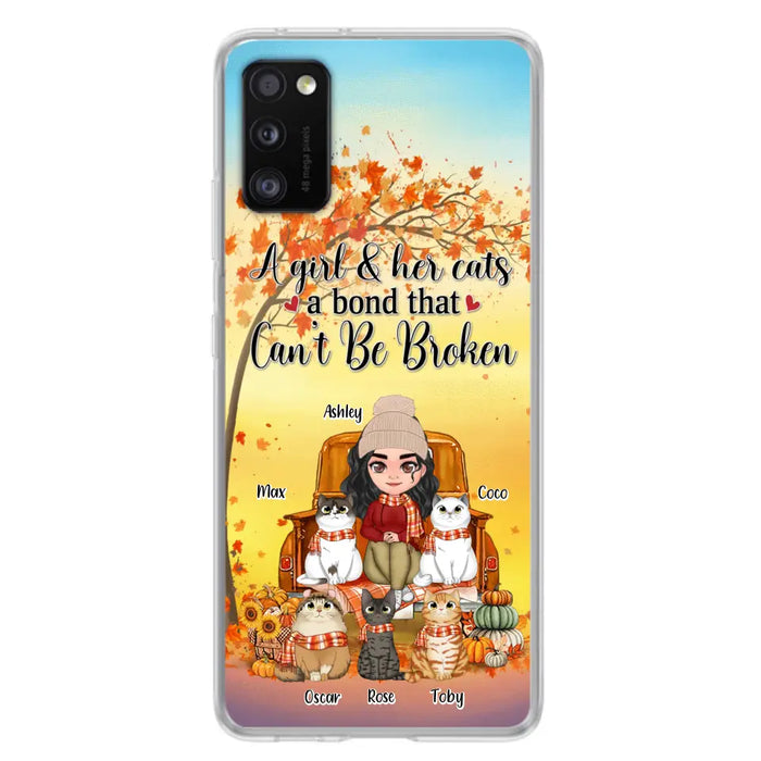 Custom Personalized Cat Mom Fall Season Phone Case - Gift Idea For Cat Owners - Upto 5 Cats -  Case For iPhone/Samsung - A Girl & Her Cats A Bond That Can't Be Broken