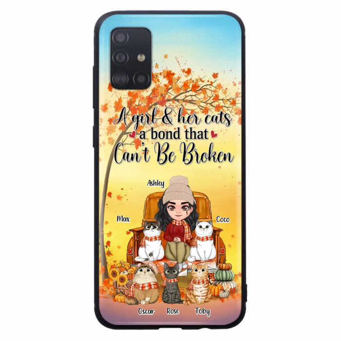 Custom Personalized Cat Mom Fall Season Phone Case - Gift Idea For Cat Owners - Upto 5 Cats -  Case For iPhone/Samsung - A Girl & Her Cats A Bond That Can't Be Broken