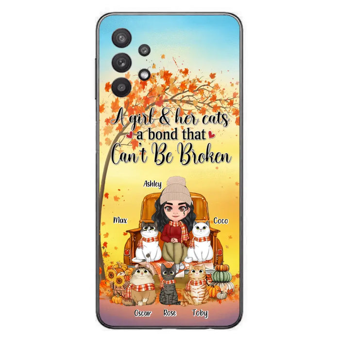 Custom Personalized Cat Mom Fall Season Phone Case - Gift Idea For Cat Owners - Upto 5 Cats -  Case For iPhone/Samsung - A Girl & Her Cats A Bond That Can't Be Broken