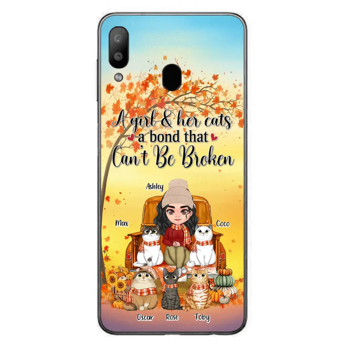 Custom Personalized Cat Mom Fall Season Phone Case - Gift Idea For Cat Owners - Upto 5 Cats -  Case For iPhone/Samsung - A Girl & Her Cats A Bond That Can't Be Broken