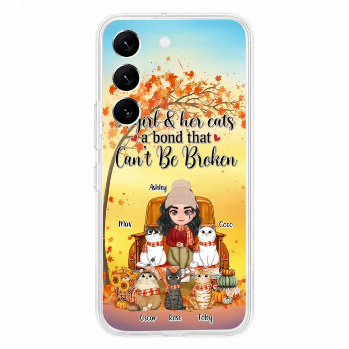 Custom Personalized Cat Mom Fall Season Phone Case - Gift Idea For Cat Owners - Upto 5 Cats -  Case For iPhone/Samsung - A Girl & Her Cats A Bond That Can't Be Broken