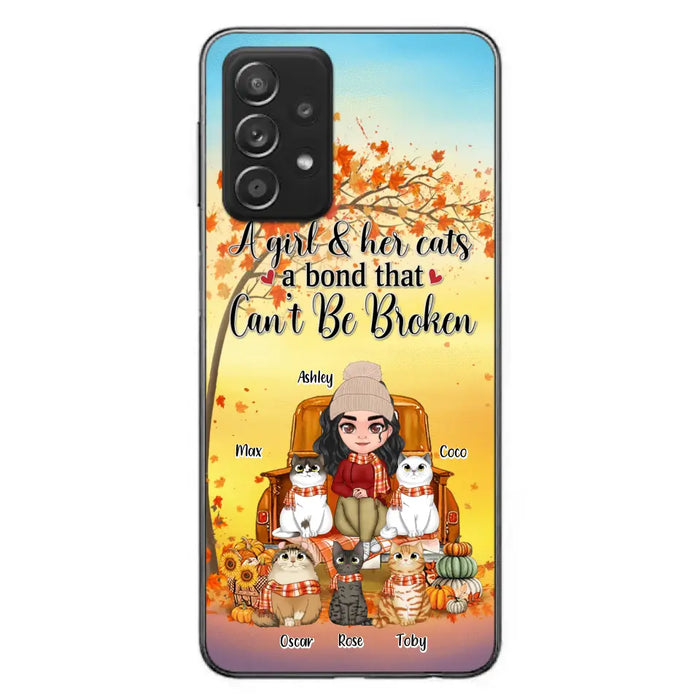 Custom Personalized Cat Mom Fall Season Phone Case - Gift Idea For Cat Owners - Upto 5 Cats -  Case For iPhone/Samsung - A Girl & Her Cats A Bond That Can't Be Broken