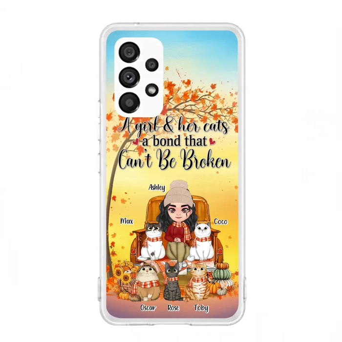 Custom Personalized Cat Mom Fall Season Phone Case - Gift Idea For Cat Owners - Upto 5 Cats -  Case For iPhone/Samsung - A Girl & Her Cats A Bond That Can't Be Broken