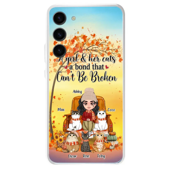 Custom Personalized Cat Mom Fall Season Phone Case - Gift Idea For Cat Owners - Upto 5 Cats -  Case For iPhone/Samsung - A Girl & Her Cats A Bond That Can't Be Broken