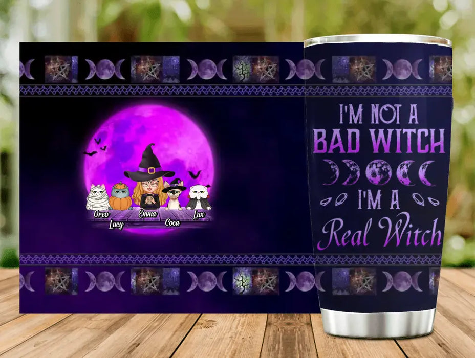 Custom Personalized Halloween Witch Tumbler - Gift Idea For Halloween/Witch Lovers/Pet Lovers - Upto 4 Pets - I'm Not A Bad Witch I'm A Real Witch