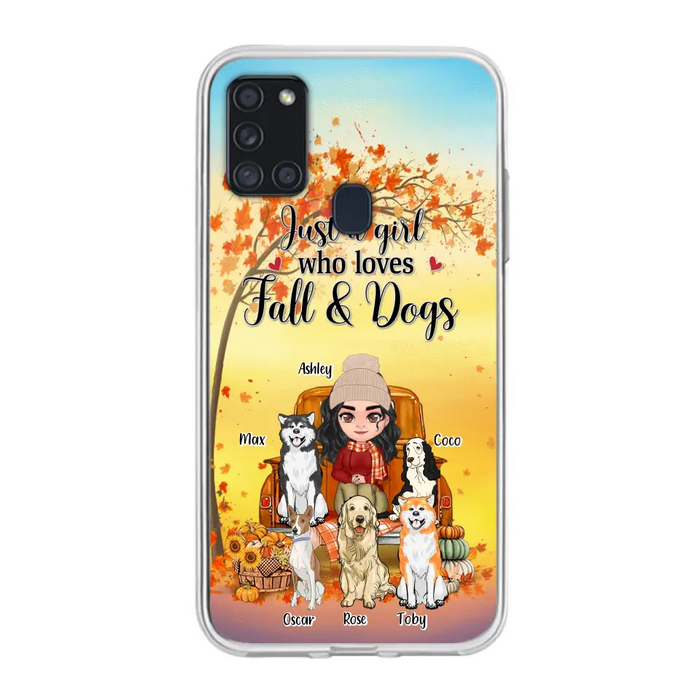 Custom Personalized Dog Mom Fall Season Phone Case - Autumn Gift Idea For Dog Owners - Upto 5 Dogs -  Case For iPhone/Samsung - Just A Girl Who Loves Fall & Dogs