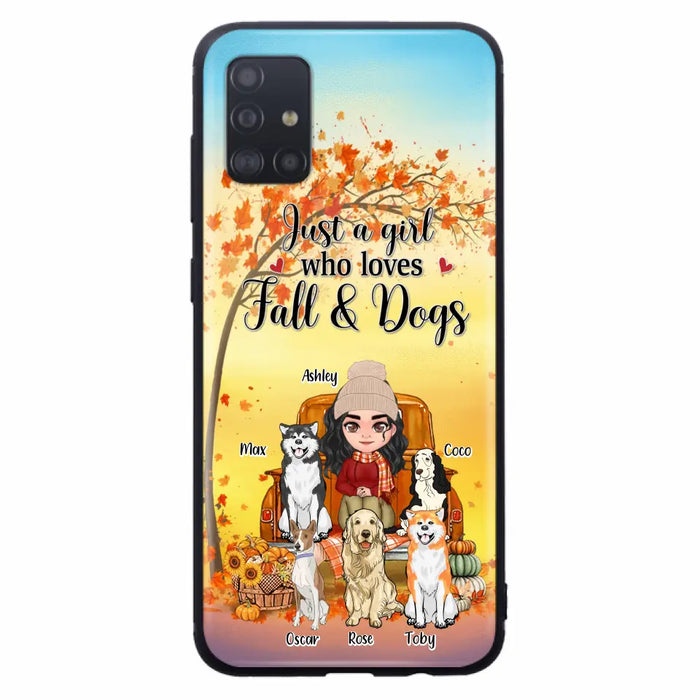 Custom Personalized Dog Mom Fall Season Phone Case - Autumn Gift Idea For Dog Owners - Upto 5 Dogs -  Case For iPhone/Samsung - Just A Girl Who Loves Fall & Dogs