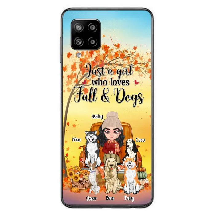 Custom Personalized Dog Mom Fall Season Phone Case - Autumn Gift Idea For Dog Owners - Upto 5 Dogs -  Case For iPhone/Samsung - Just A Girl Who Loves Fall & Dogs