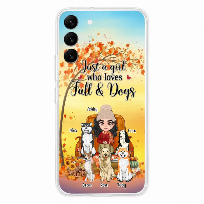 Custom Personalized Dog Mom Fall Season Phone Case - Autumn Gift Idea For Dog Owners - Upto 5 Dogs -  Case For iPhone/Samsung - Just A Girl Who Loves Fall & Dogs