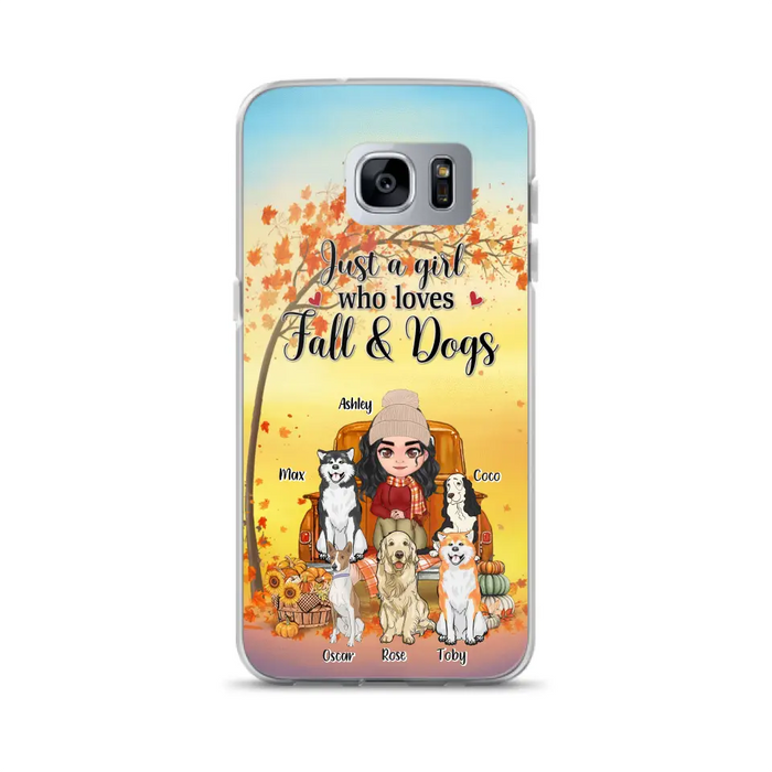 Custom Personalized Dog Mom Fall Season Phone Case - Autumn Gift Idea For Dog Owners - Upto 5 Dogs -  Case For iPhone/Samsung - Just A Girl Who Loves Fall & Dogs