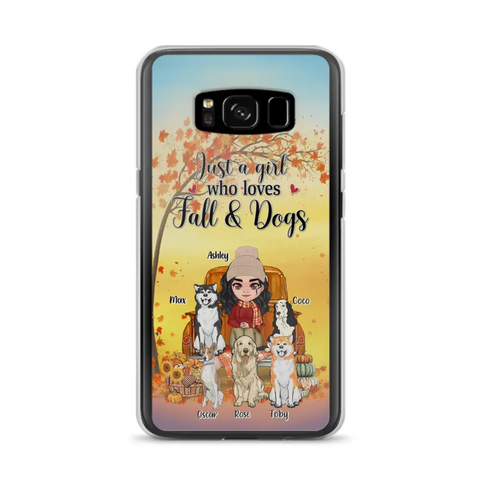 Custom Personalized Dog Mom Fall Season Phone Case - Autumn Gift Idea For Dog Owners - Upto 5 Dogs -  Case For iPhone/Samsung - Just A Girl Who Loves Fall & Dogs