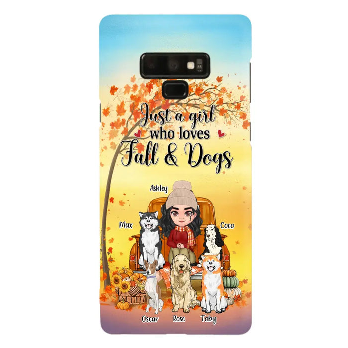 Custom Personalized Dog Mom Fall Season Phone Case - Autumn Gift Idea For Dog Owners - Upto 5 Dogs -  Case For iPhone/Samsung - Just A Girl Who Loves Fall & Dogs