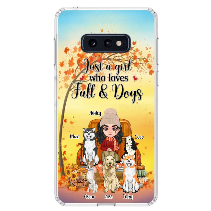 Custom Personalized Dog Mom Fall Season Phone Case - Autumn Gift Idea For Dog Owners - Upto 5 Dogs -  Case For iPhone/Samsung - Just A Girl Who Loves Fall & Dogs