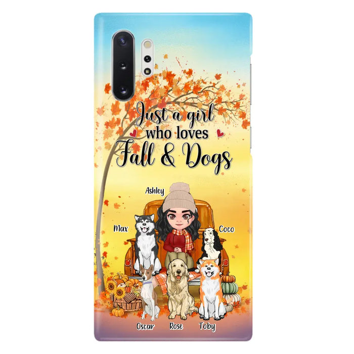 Custom Personalized Dog Mom Fall Season Phone Case - Autumn Gift Idea For Dog Owners - Upto 5 Dogs -  Case For iPhone/Samsung - Just A Girl Who Loves Fall & Dogs