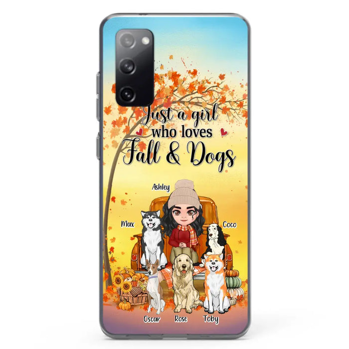 Custom Personalized Dog Mom Fall Season Phone Case - Autumn Gift Idea For Dog Owners - Upto 5 Dogs -  Case For iPhone/Samsung - Just A Girl Who Loves Fall & Dogs