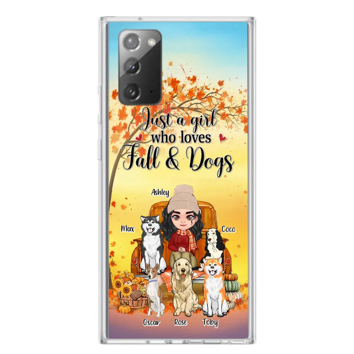 Custom Personalized Dog Mom Fall Season Phone Case - Autumn Gift Idea For Dog Owners - Upto 5 Dogs -  Case For iPhone/Samsung - Just A Girl Who Loves Fall & Dogs