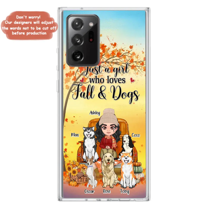 Custom Personalized Dog Mom Fall Season Phone Case - Autumn Gift Idea For Dog Owners - Upto 5 Dogs -  Case For iPhone/Samsung - Just A Girl Who Loves Fall & Dogs