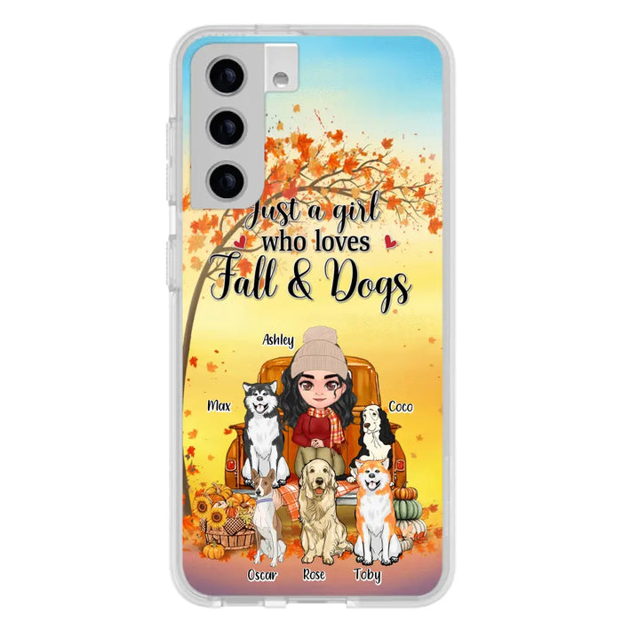 Custom Personalized Dog Mom Fall Season Phone Case - Autumn Gift Idea For Dog Owners - Upto 5 Dogs -  Case For iPhone/Samsung - Just A Girl Who Loves Fall & Dogs