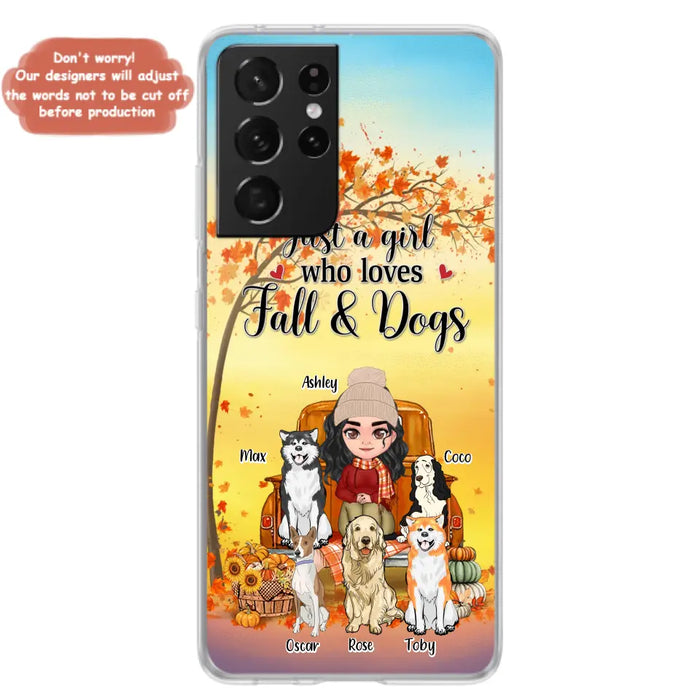 Custom Personalized Dog Mom Fall Season Phone Case - Autumn Gift Idea For Dog Owners - Upto 5 Dogs -  Case For iPhone/Samsung - Just A Girl Who Loves Fall & Dogs