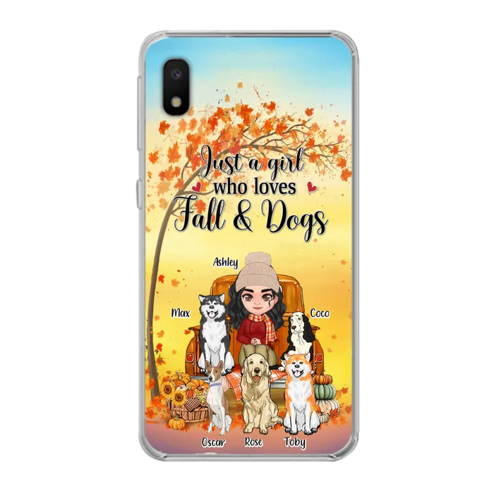 Custom Personalized Dog Mom Fall Season Phone Case - Autumn Gift Idea For Dog Owners - Upto 5 Dogs -  Case For iPhone/Samsung - Just A Girl Who Loves Fall & Dogs