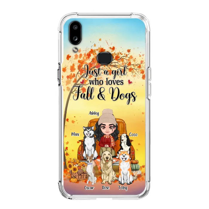 Custom Personalized Dog Mom Fall Season Phone Case - Autumn Gift Idea For Dog Owners - Upto 5 Dogs -  Case For iPhone/Samsung - Just A Girl Who Loves Fall & Dogs