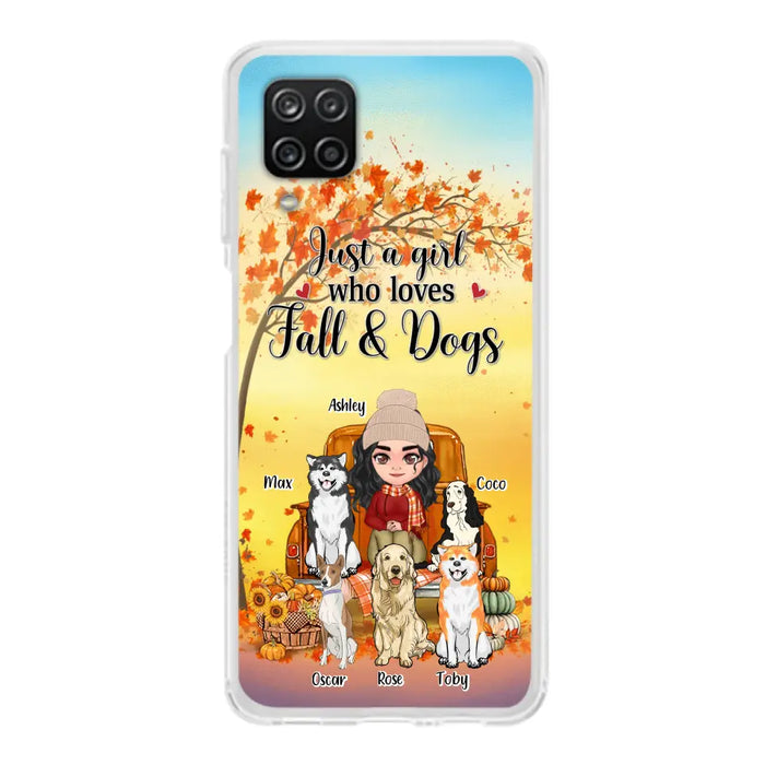 Custom Personalized Dog Mom Fall Season Phone Case - Autumn Gift Idea For Dog Owners - Upto 5 Dogs -  Case For iPhone/Samsung - Just A Girl Who Loves Fall & Dogs