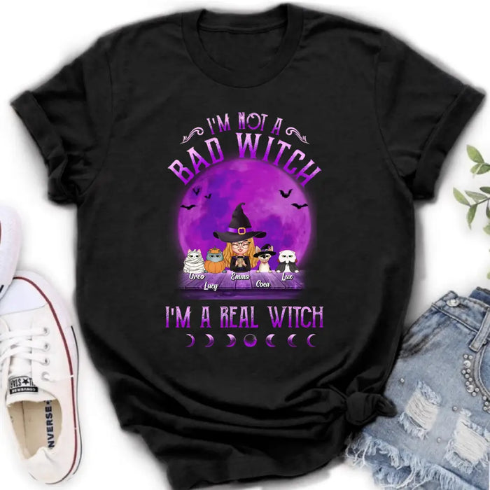 Custom Personalized Witch Shirt/Hoodie - Gift Idea For Halloween/Witch Lovers - Upto 4 Pets - I'm Not A Bad Witch I'm A Real Witch