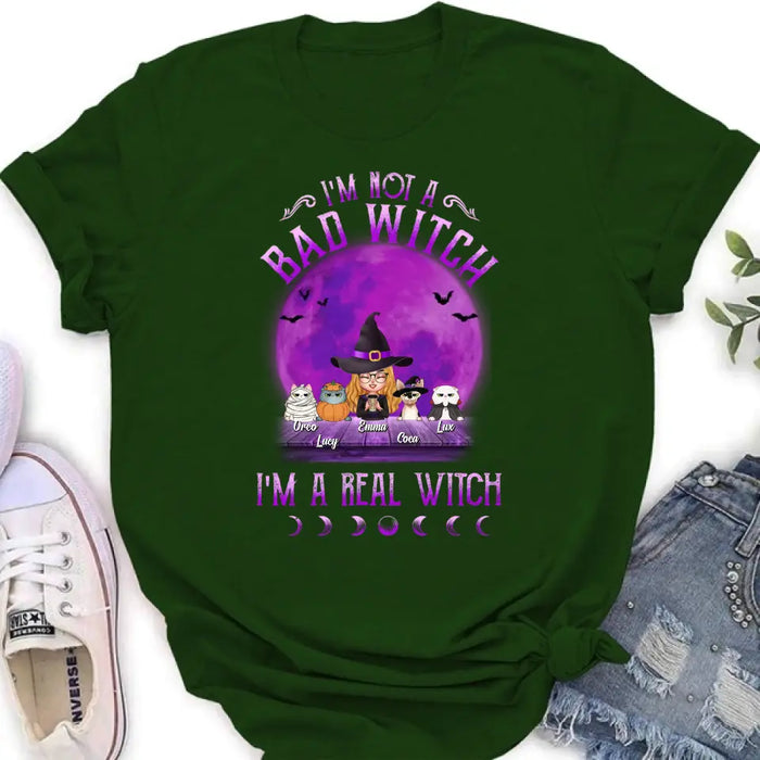 Custom Personalized Witch Shirt/Hoodie - Gift Idea For Halloween/Witch Lovers - Upto 4 Pets - I'm Not A Bad Witch I'm A Real Witch