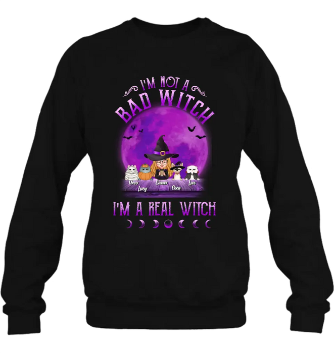 Custom Personalized Witch Shirt/Hoodie - Gift Idea For Halloween/Witch Lovers - Upto 4 Pets - I'm Not A Bad Witch I'm A Real Witch