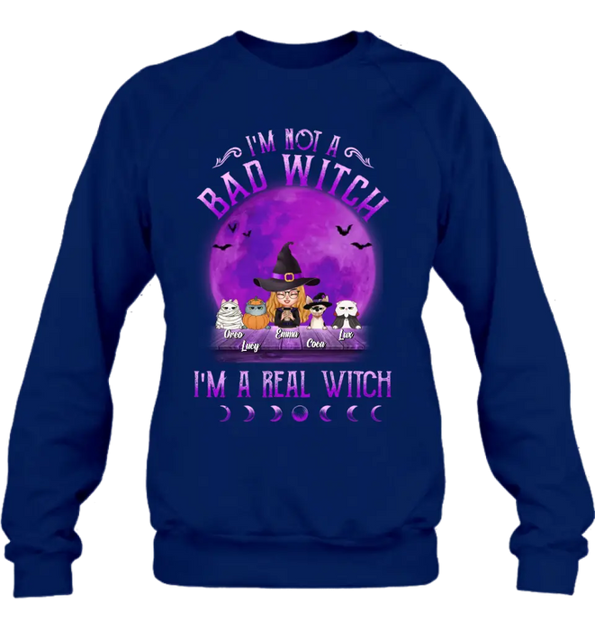 Custom Personalized Witch Shirt/Hoodie - Gift Idea For Halloween/Witch Lovers - Upto 4 Pets - I'm Not A Bad Witch I'm A Real Witch