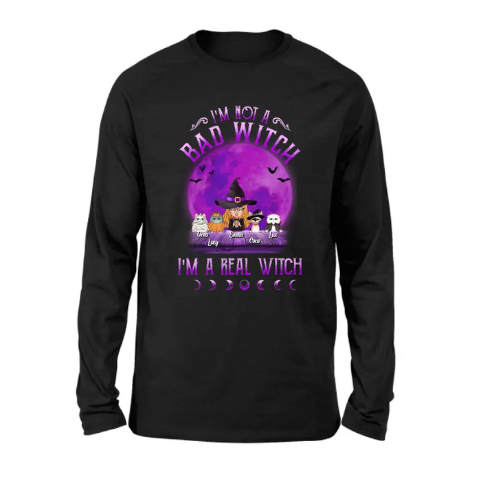 Custom Personalized Witch Shirt/Hoodie - Gift Idea For Halloween/Witch Lovers - Upto 4 Pets - I'm Not A Bad Witch I'm A Real Witch