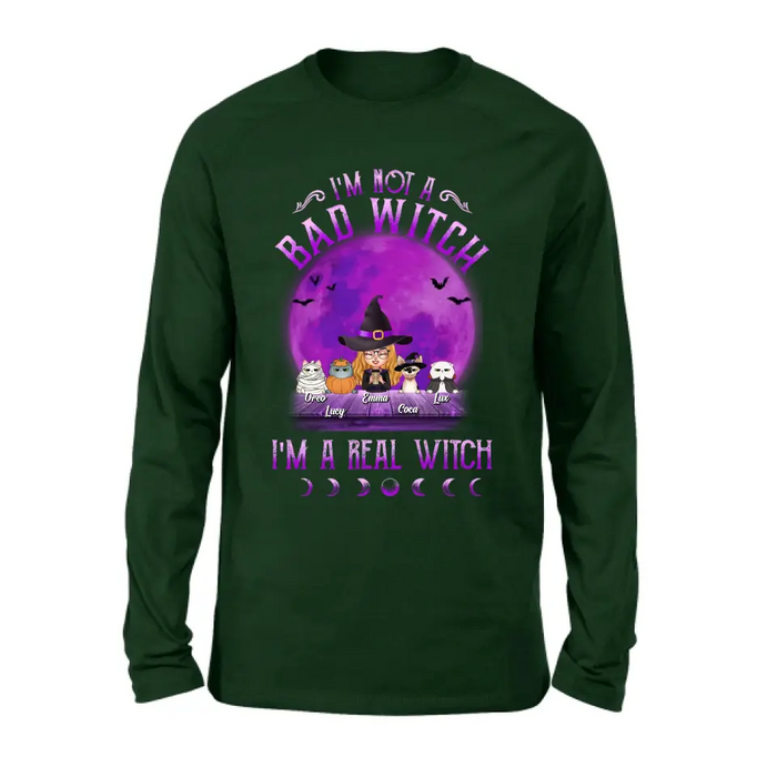 Custom Personalized Witch Shirt/Hoodie - Gift Idea For Halloween/Witch Lovers - Upto 4 Pets - I'm Not A Bad Witch I'm A Real Witch