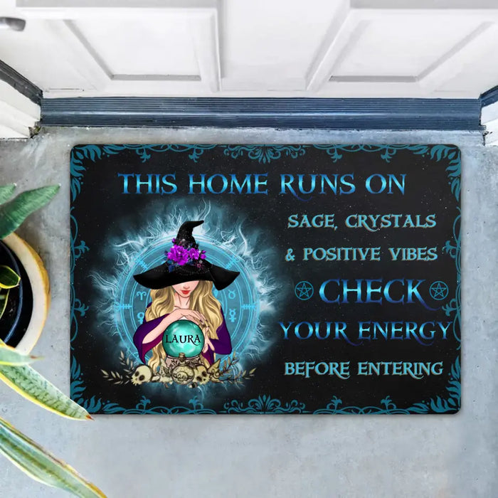 Personalized Witch Doormat - Halloween Gift Idea For Witch Lover/Friend/Wiccan Decor/Pagan Decor This Home Runs On Sage, Crystals & Positive Vibes