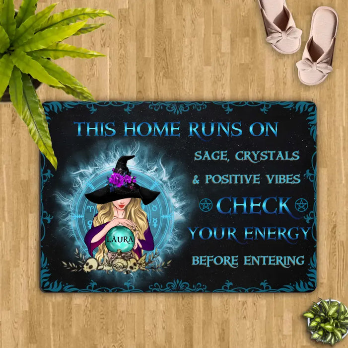 Personalized Witch Doormat - Halloween Gift Idea For Witch Lover/Friend/Wiccan Decor/Pagan Decor This Home Runs On Sage, Crystals & Positive Vibes