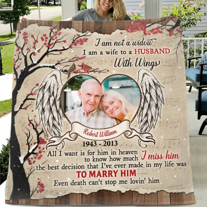 Custom Memorial Photo Single Layer Fleece/Quilt Blanket/Pillow Cover - Memorial Gift Idea for Family - I Am A Wife To A Husband With Wings