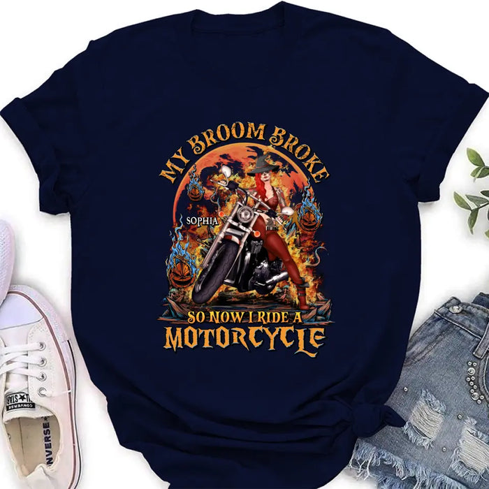 Custom Personalized Witch Biker Shirt/Hoodie -  Halloween Gift Idea for Bikers - My Broom Broke So Now I Ride A Motorcycle