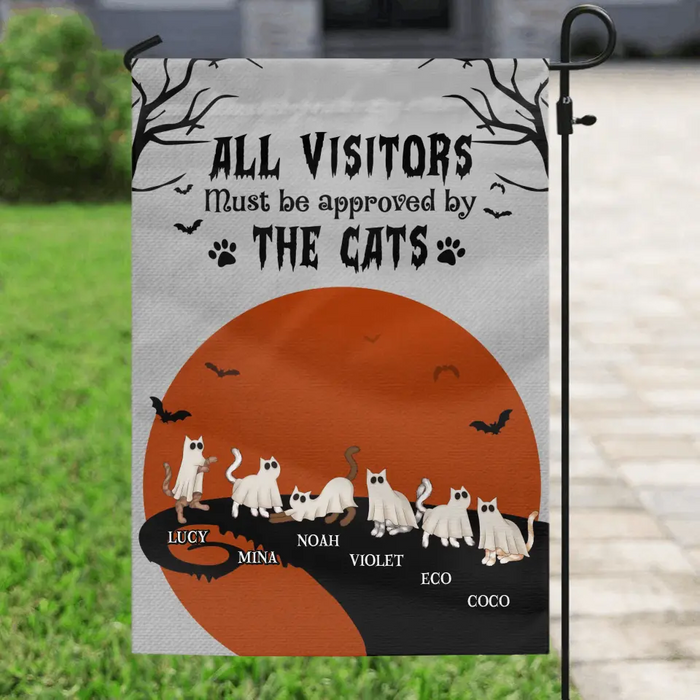 Custom Personalized Halloween Cat Flag Sign - Gift Idea For Cat Lovers - Upto 6 Cats - All Visitors Must Be Approved By The Cats