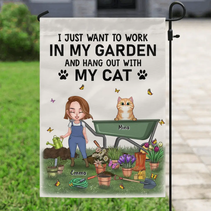 Custom Personalized Work in Garden Flag Sign - Gift For Cat Lovers with up to 5 Cats - I Just Want To Work In Garden and Hang Out With My Cats