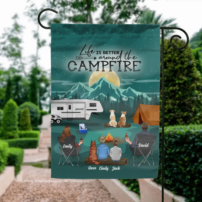 Custom Personalized Night Camping Garden Flag Sign - Best Gift For Camping Family/Couple/Single Parent/Solo - Upto 4 Kids and 3 Pets - Life Is Better Around The Campfire