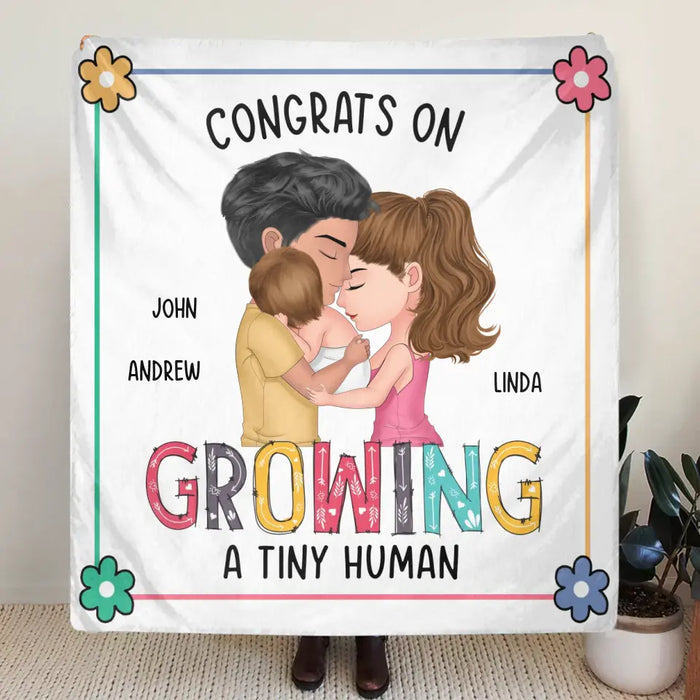 Custom Personalized Family Pillow Cover/Single Layer Fleece/Quilt Blanket - Gift Idea For Parents & Baby - Congrats On Growing A Tiny Human