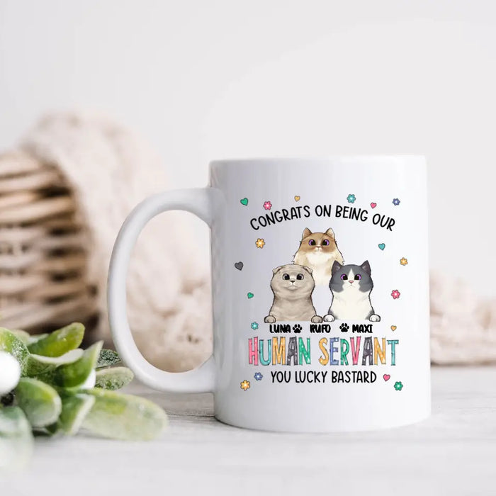 Custom Personalized Pet Coffee Mug - Gift Idea For Dog/Cat Loves - Upto 3 Pets - Congrats On Being My Human Servant You Lucky Bastard